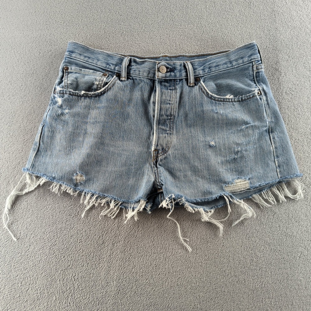 Levis 501 Jean Shorts 33 (Fits 32) Blue Light Wash Distressed Cut Off Jorts